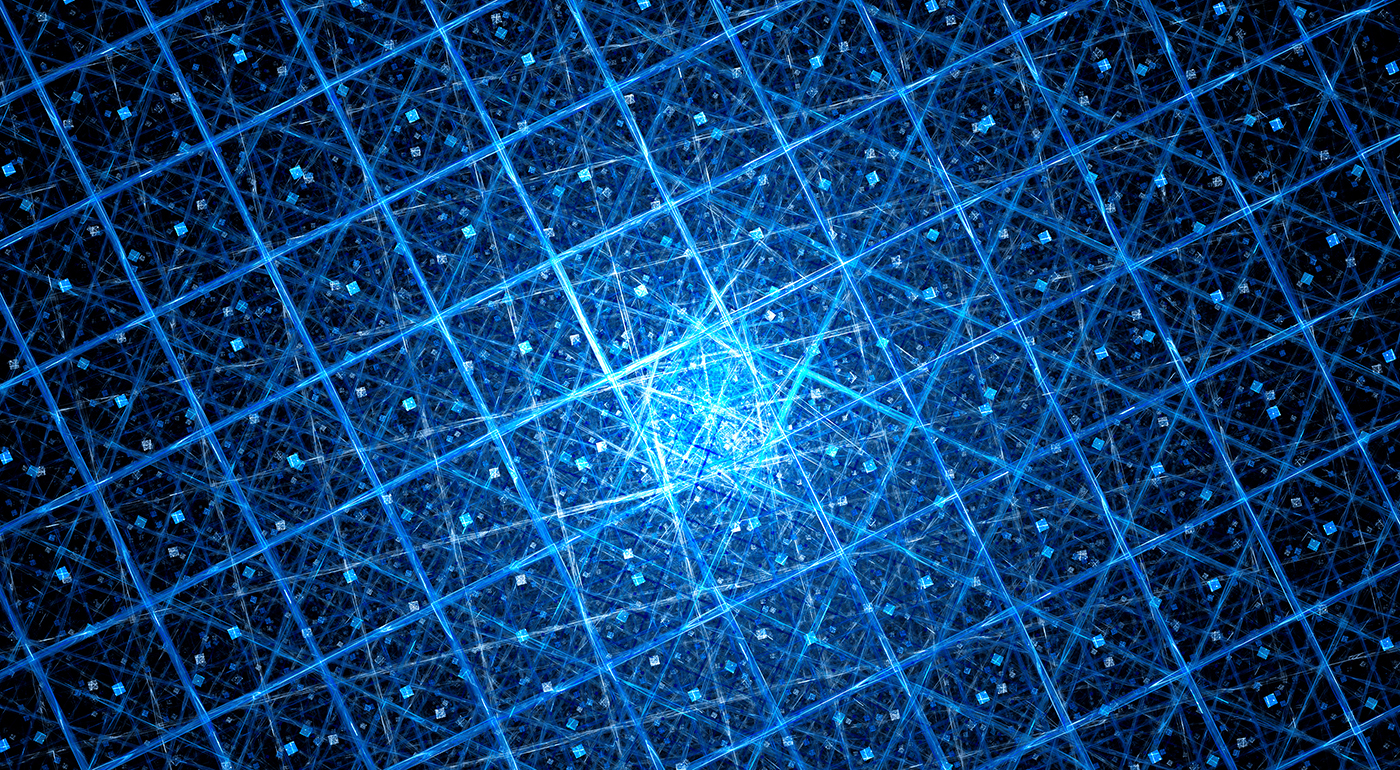 Blue glowing quantum computer with grid computer generated abstract background 3D rendering